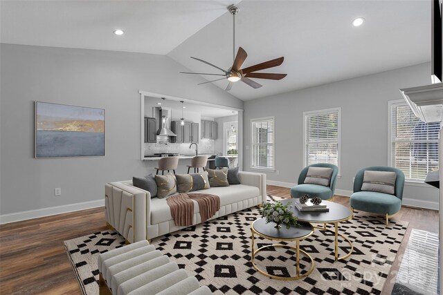 79 Mill Pond Way, Hendersonville, NC 28791 - living area featuring lofted ceiling, wood finished floors, ceiling fan, and a healthy amount of sunlight