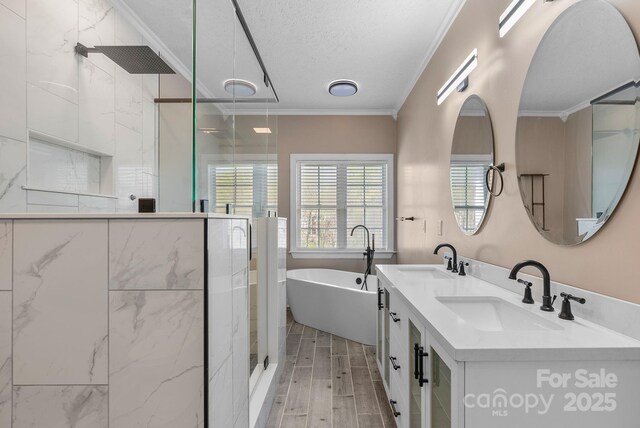 79 Mill Pond Way, Hendersonville, NC 28791 - bathroom featuring a shower stall, crown molding, a sink, and wood tiled floor