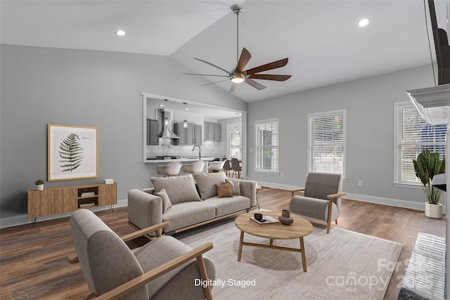 79 Mill Pond Way, Hendersonville, NC 28791 - living area with a ceiling fan, wood finished floors, vaulted ceiling, and recessed lighting
