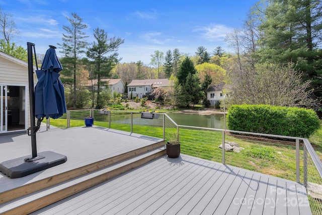 79 Mill Pond Way, Hendersonville, NC 28791 - wooden deck featuring a water view and a lawn