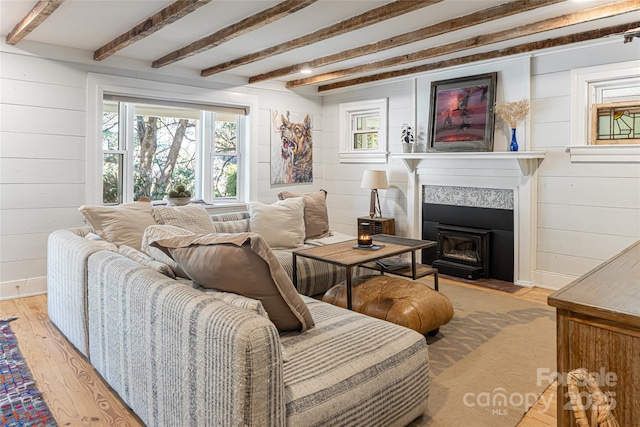 living area with beam ceiling, light wood-style flooring, wooden walls, and a wealth of natural light