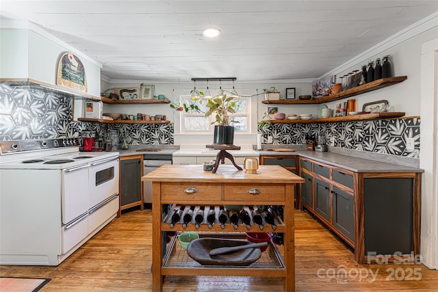 kitchen with open shelves, light wood-type flooring, wood counters, and white electric range oven