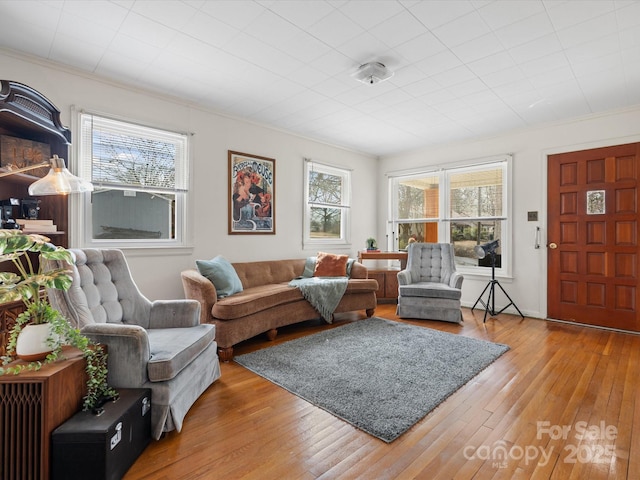 living area featuring a wealth of natural light, crown molding, and hardwood / wood-style floors