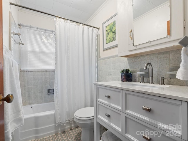 bathroom with toilet, vanity, ornamental molding, backsplash, and shower / bath combo with shower curtain