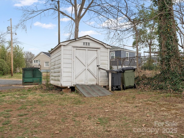 view of shed featuring fence