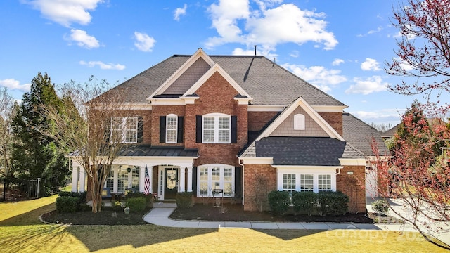 view of front of property featuring brick siding, roof with shingles, and a front lawn