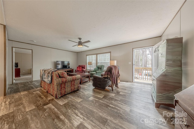 living room featuring ceiling fan, wood finished floors, and a textured ceiling