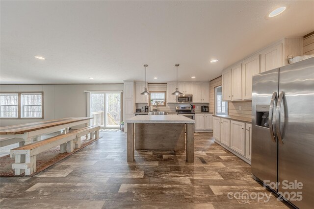 kitchen with decorative backsplash, dark wood-style floors, a wealth of natural light, and stainless steel appliances