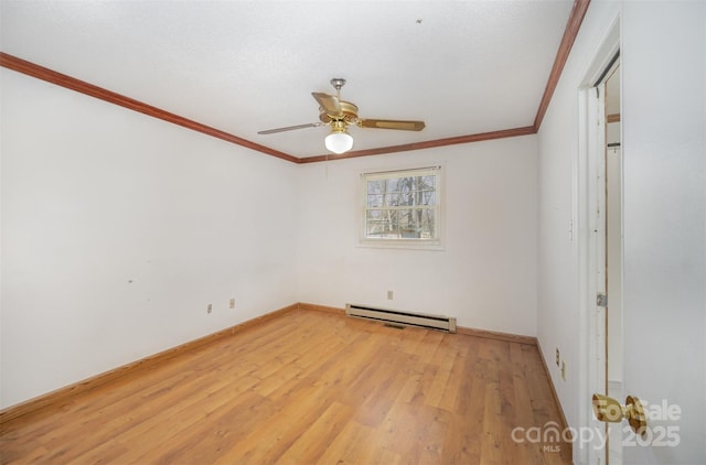 unfurnished room featuring ornamental molding, a baseboard radiator, light wood-style floors, and baseboards