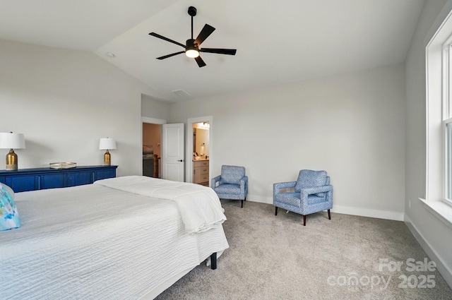 bedroom with baseboards, ceiling fan, vaulted ceiling, and carpet flooring