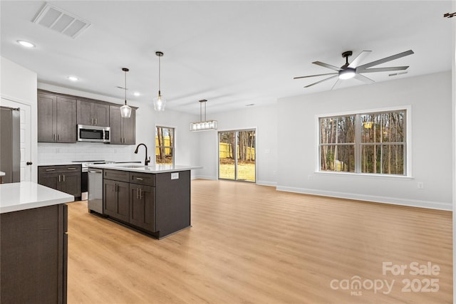 kitchen with a sink, visible vents, light countertops, appliances with stainless steel finishes, and decorative backsplash