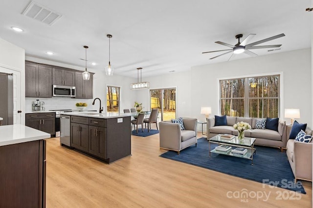 kitchen with dark brown cabinetry, visible vents, appliances with stainless steel finishes, and open floor plan