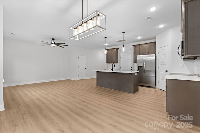 kitchen with light wood-style flooring, stainless steel appliances, visible vents, a ceiling fan, and pendant lighting