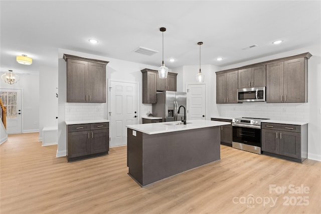 kitchen featuring stainless steel appliances, light countertops, visible vents, and dark brown cabinets