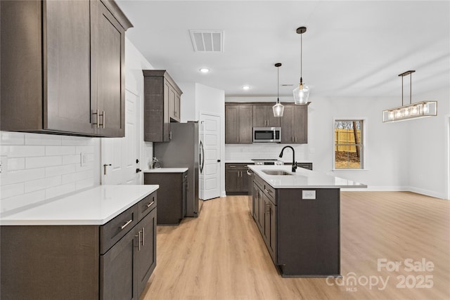 kitchen featuring dark brown cabinets, appliances with stainless steel finishes, a sink, and visible vents