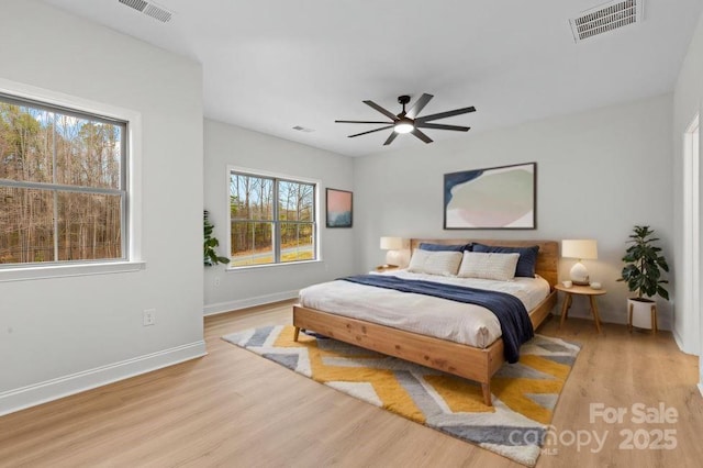 bedroom featuring baseboards, visible vents, and wood finished floors