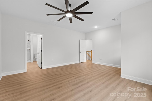 spare room with ceiling fan, recessed lighting, visible vents, baseboards, and light wood-style floors