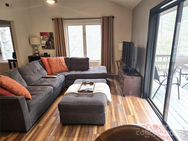 living area with lofted ceiling, visible vents, and wood finished floors