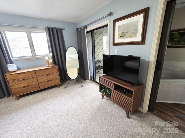 bedroom featuring light colored carpet