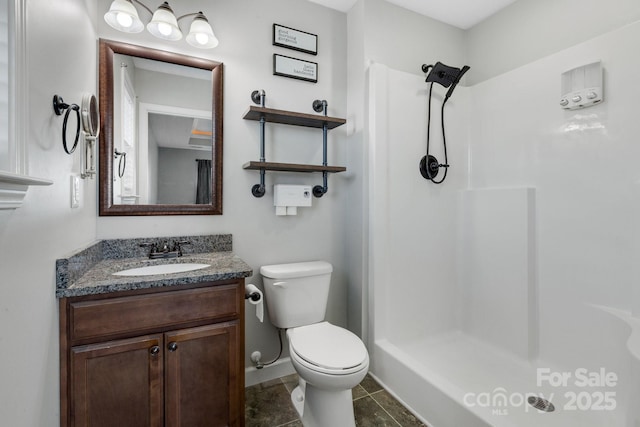 full bathroom with a shower stall, toilet, and vanity