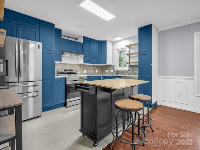 kitchen with appliances with stainless steel finishes, a breakfast bar, under cabinet range hood, blue cabinetry, and backsplash