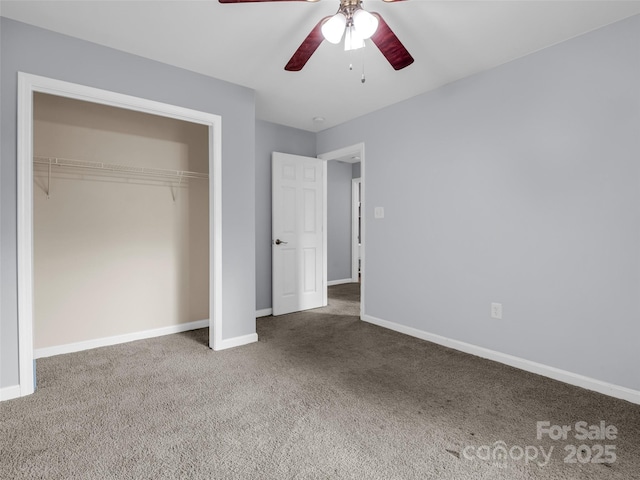 unfurnished bedroom with ceiling fan, a closet, carpet flooring, and baseboards