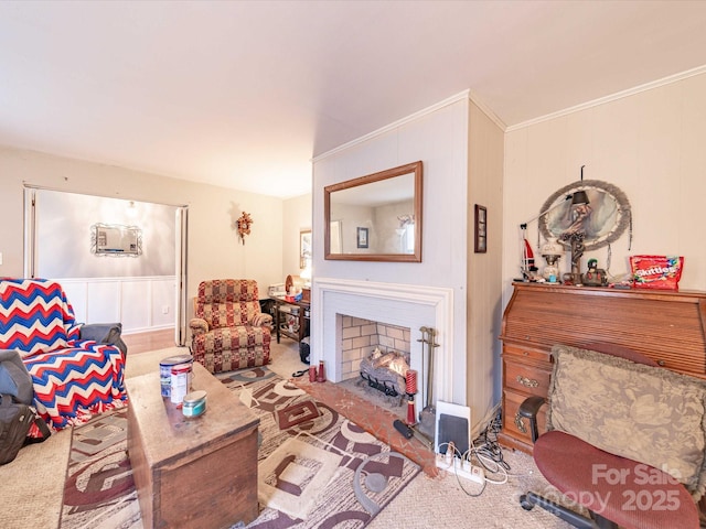 carpeted living room featuring a fireplace with flush hearth and ornamental molding