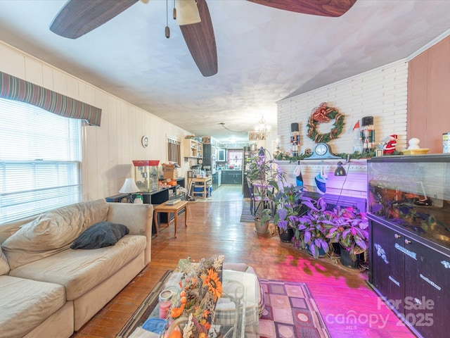 living area featuring ceiling fan with notable chandelier and wood finished floors