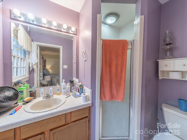 bathroom featuring a shower stall, toilet, and vanity