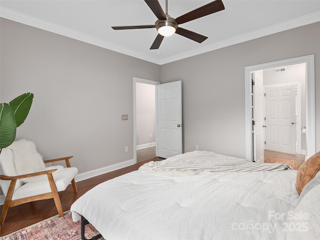 bedroom with visible vents, baseboards, ceiling fan, and crown molding