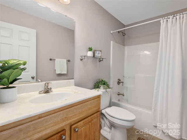 bathroom featuring toilet, vanity, and shower / tub combo with curtain