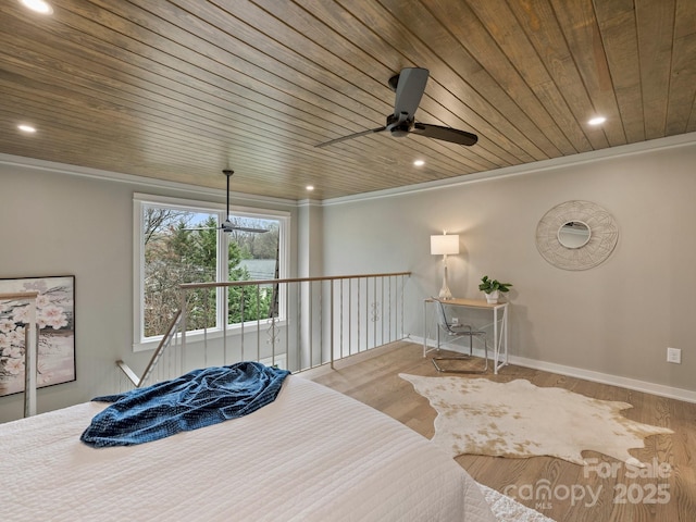 bedroom featuring recessed lighting, wood ceiling, and wood finished floors