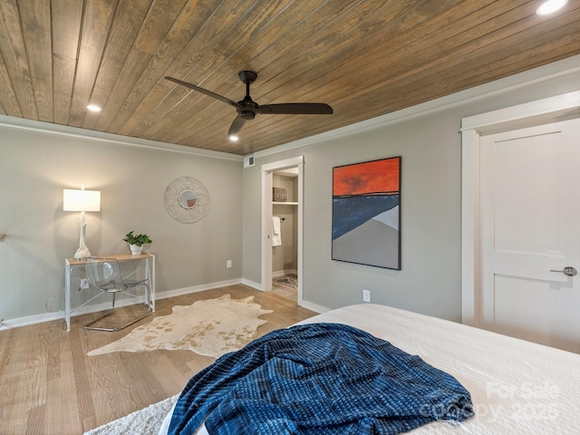 bedroom featuring wood finished floors, recessed lighting, and wood ceiling