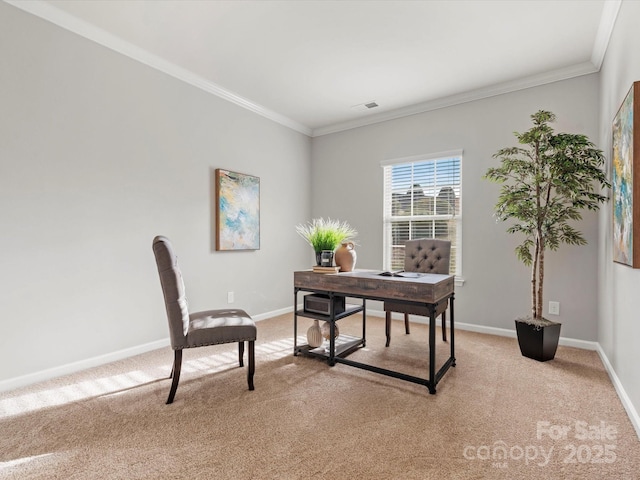 office area featuring light carpet, crown molding, visible vents, and baseboards