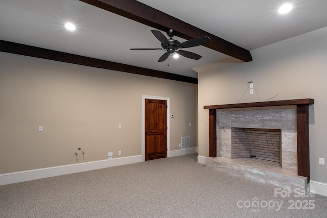 unfurnished living room with baseboards, visible vents, carpet floors, beam ceiling, and recessed lighting