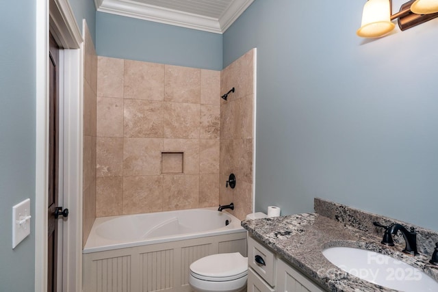 bathroom featuring ornamental molding, bathtub / shower combination, vanity, and toilet