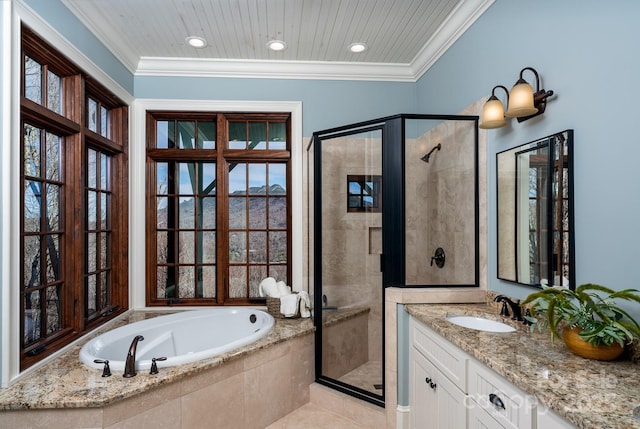 bathroom featuring a stall shower, wooden ceiling, a garden tub, crown molding, and vanity