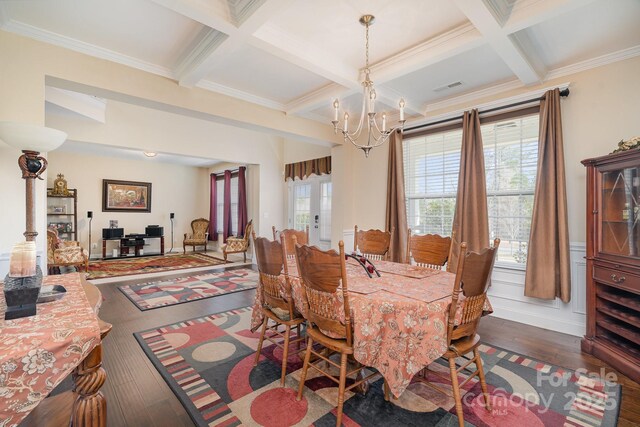 dining room with visible vents, beam ceiling, coffered ceiling, hardwood / wood-style floors, and a chandelier