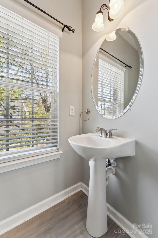 bathroom featuring baseboards, wood finished floors, and a healthy amount of sunlight