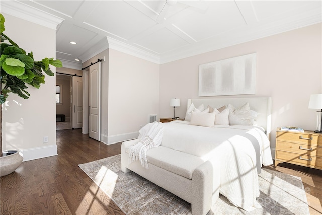 bedroom with a barn door, baseboards, coffered ceiling, and wood finished floors