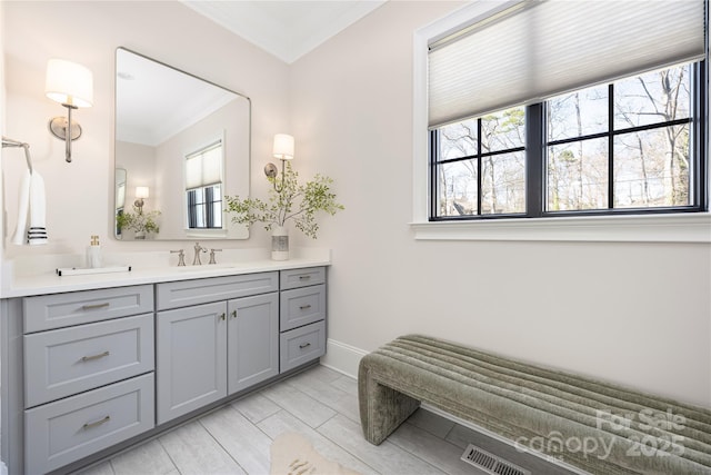 bathroom featuring visible vents, a healthy amount of sunlight, and ornamental molding