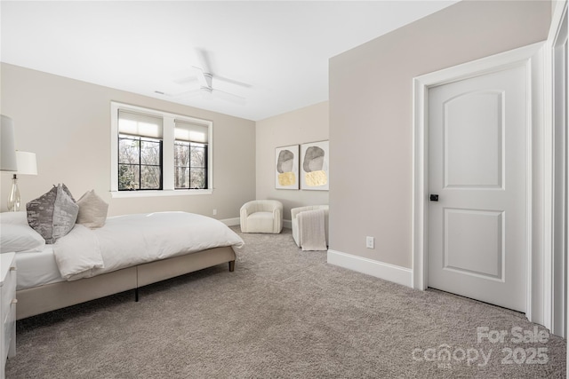 bedroom with baseboards, carpet, and ceiling fan