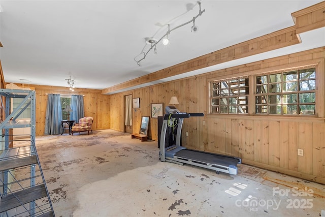 exercise room with wooden walls