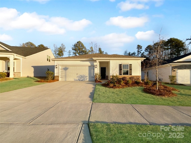 ranch-style house with a front lawn, brick siding, driveway, and an attached garage