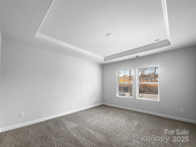 carpeted empty room with a raised ceiling and baseboards