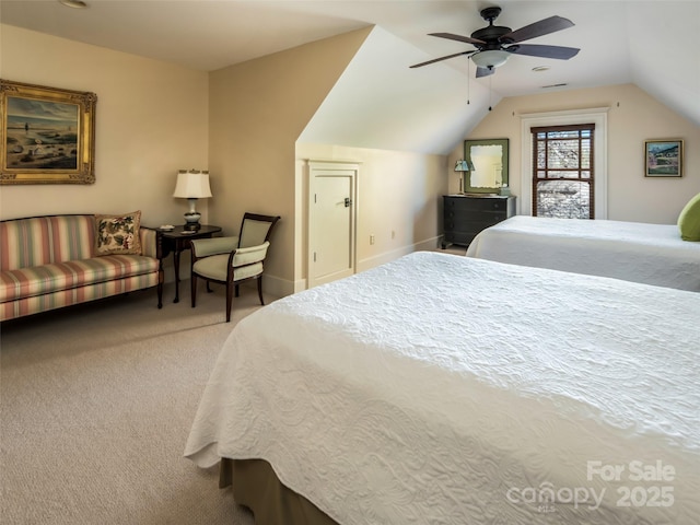 bedroom with lofted ceiling, carpet, baseboards, and a ceiling fan