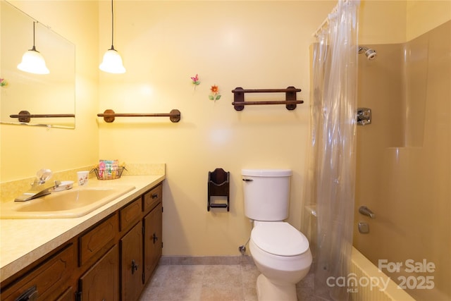 bathroom featuring tile patterned flooring, vanity, toilet, and shower / bathtub combination with curtain