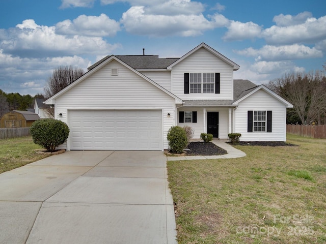 traditional home with roof with shingles, a front yard, fence, a garage, and driveway