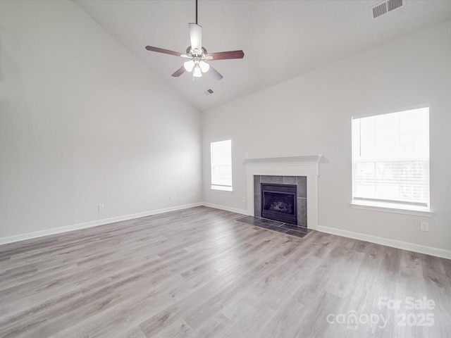 unfurnished living room featuring light wood-style flooring, a fireplace, visible vents, and baseboards