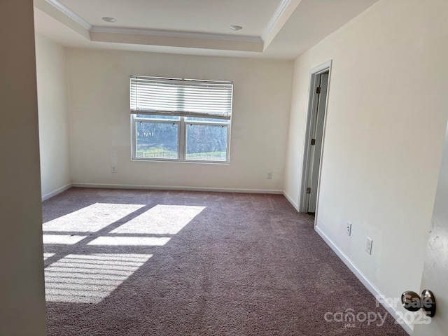 carpeted spare room with baseboards, a tray ceiling, and crown molding